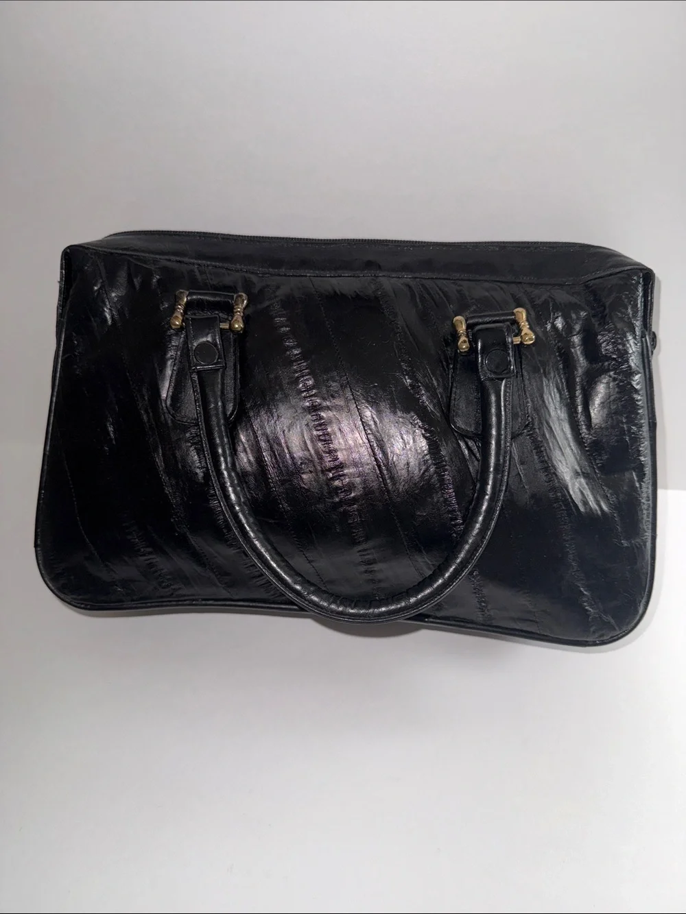 Vintage 80’s Black Eel Leather Accordion Satchel with Gold Hardware